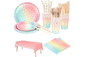 MEYDLL MEDYLL Rainbow Colors Party Tableware 161Pieces Paper Tableware Set Includes Paper Plates Napkins Cups Forks Spoons Straws for Birthday Engagement Wedding(20 Guests)-Gold&Pink&Blue
