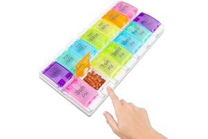 KUOU Weekly Pill Box Organiser, Portable Weekly Tablet Box Organiser with Unique Push Buttons Open Design, 7 Day 2 Times AM PM Large Medical Organiser for Work, Travel, Home