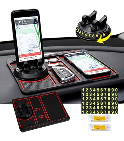 Tapis Antidérapant Voiture Multifonction YAYNO - Support Téléphone Rotatif 360°, Disque Stationnement, Rangement (Noir & Gris)