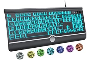 BERGUF Computer Wired Keyboard, Large Print Backlit Key board with Wrist Rest, 7-Colors Backlit, Plug and Play, Foldable Stands, Spill-Resistant, Corded Full Size Keyboard for Windows, PC, Laptop (Large)