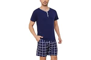 Irdcomps Men's Pyjamas Set Cotton Short Sleeves Pjs Loungewear Plaid 2 Piece Nightwear Soft with Pockets Summer Sleepwear for Men