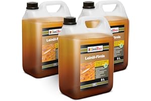 Isolbau Huile de lin - 3 x 5 litres - Protection du bois pour l'extérieur et l'intérieur - Résistant aux intempéries - Double huile pour bois bouillie comme protection