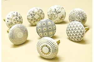 ARTISNO Lot de 8 boutons de porte en céramique doré et blanc crème – Assortiment de motifs vintage et shabby chic pour meubles d'intérieur, armoire, placard, tiroir