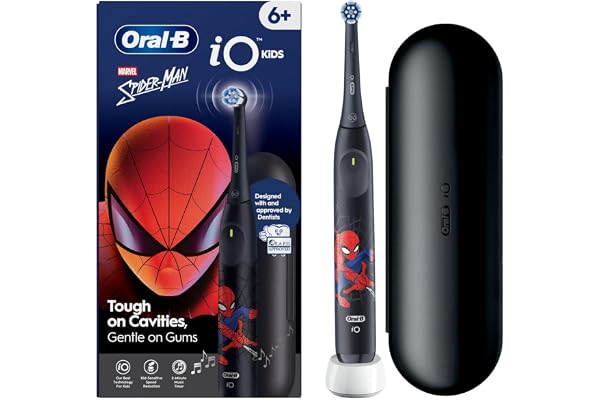 Oral-B IO Kids Elektrisk tandborste, Spider-Man, Svart | 3 mjuka borstlägen för 6-åriga barn, musikalisk timer, reservrund spets, fodral