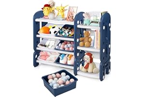 GOPLUS Estantería de almacenamiento con tabla de almacenamiento y biblioteca, mueble de almacenamiento para niños, juguetes, libros, multifuncional con 6 cajas extraíbles para habitación de los niños