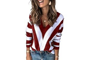 Dokotoo Damen Strickpullover V-Ausschnitt Casual Pullover Warm Oberteil Tops Streifen Sweater Elegant Herbst Winter Sweatshirt S-XXL