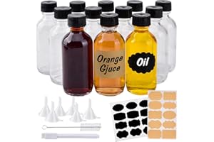 V·COLOKISHI 12 Pack 2oz Small Clear Glass Bottles with Caps, 60ml Glass Juice Bottles, Wellness Shot Bottles with Funnels, Stickers and Brush, Mini Liquor Bottles for Juice, Water, Ginger, Whiskey, Potion, Sample