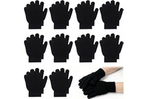 GREVOSEA 10 pares de guantes de invierno para niños, dedos completos, elásticos, cálidos, guantes mágicos negros a granel para niños y niñas, 5.9 pulgadas, 4-12 años