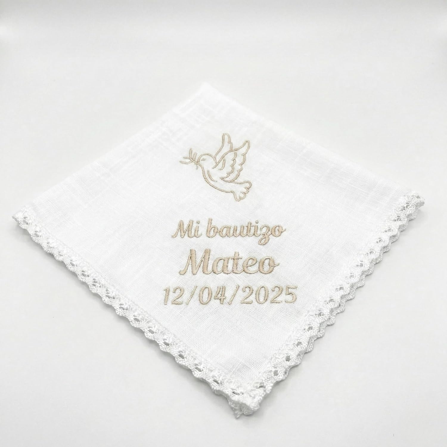 SticTag Pañuelo Bautizo Personalizado Bordado con Nombre y Fecha – Paño Bautismo de Lino y Algodón Natural – Pañuelo Bautizo Niño Niña – Regalo Bautizo Personalizado