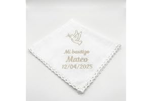 SticTag Pañuelo Bautizo Personalizado Bordado con Nombre y Fecha – Paño Bautismo de Lino y Algodón Natural – Pañuelo Bautizo Niño Niña – Regalo Bautizo Personalizado