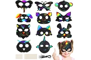 RVLZKCPG 24 Pezzi Scratch Art Maschere per Bambini, Maschera da Grattare per Bambini, Gratta e Vinci per Bambini di Animali con 24 Corde Elastiche e 12 Penne di Legno per Compleanno Festa