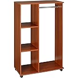 HOMCOM Open Wardrobe on Wheels with Clothes Rail, Bedroom Clothes Storage with Hanging Rod, 3 Storage Shelves, Mobile Garment