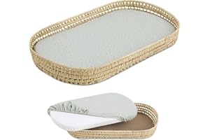 COOL · DREAMS Cambiador de Mimbre Natural con Colchón Impermeable y Funda de Algodón 100%. Elegancia, Protección y Suavidad para tu Bebé. Fabricación Artesanal. Color Green Cotton CoolDreams