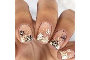 HERBINSOLS 24PCS Christmas False Nails Short - Christmas Press on Nails - Glitter Gold Fake Nails with Snowflake Design - False Nails with Glue - Elegant Full Cover Stick on Nails for Women Festival Decoration