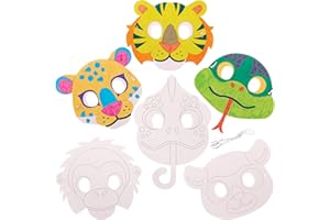Baker Ross FX556 Regenwald-Tiermasken zum Ausmalen - 10er-Packung, Party-Masken für Kinder zum Basteln