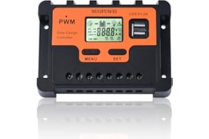 NUOFUWEI 20A Solar Laderegler 12V 24V Solarregler, PWM 20A Solarladeregler , mit Temperatursensor, 2USB Ports, Fit für Max Solarpanels 12V(260W) 24V (520W) Bleisäurebatterie und Lithiumbatterie usw.