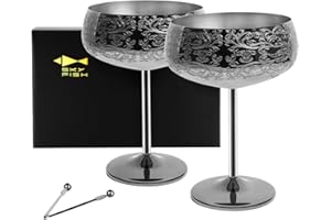 SKY FISH - Bicchiere da Cocktail Martini, in Acciaio Inox Placcato Nero, con 2 stecchini da Cocktail, Confezione da 2, Lavaggio a Mano, (Nero).