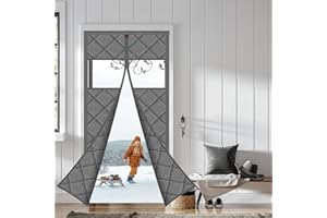 WochiTV Magnetic Thermal Insulated Door Curtain Fits Door Size 82 CM x 206 CM, Durable Waterproof Cloth, Polyester Fiber Filling, Weatherproof, Windproof, Reduce Noise, Middle Opening, Grey