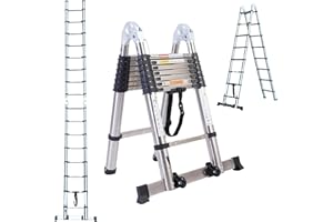 BOWEITI Teleskopierbare Ausziehleiter, 5m Teleskopierbare A-Frame-Leiter mit beweglichem Rad, Edelstahl-Klappleiter für den Hausgebrauch, Mehrzweck-Klappleiter für Außenarbeiten