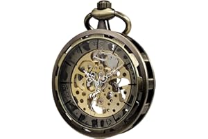 TREEWETO - Montre Gousset avec chaîne - pour Homme - Analogique - Remontage Manuel - Visage Ouvert - Mouvement Squelette - Bronze