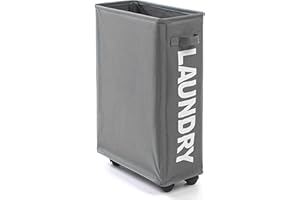 Arsey Cesto per la biancheria, pieghevole con ruote, piccolo su tessuto Oxford, con manico, contenitore per la biancheria sporca, colore: grigio, 20 x 39 x 59 cm