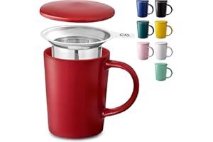 Cosumy Tazza di Ceramica con Filtro e Coperchio - 400ml Grande - Con Manico - Lavabile in Lavastoviglie - Per Tè e Infusi (Rosso Rubino)