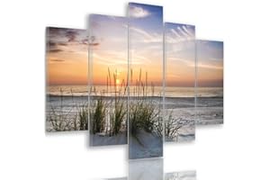 Feeby Frames, Tableau Multi Panneau 5 Parties, Tableau imprimé XXL, Tableau imprimé sur Toile, Tableau Deco, Pentaptyque Type A, 100x150 cm, Paysage, Herbe, Plage, Eau, MER, Sable, Ciel