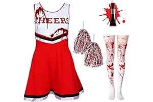 REDSTAR Costume da Ragazzina Cheerleader, vestito zombie,collant schizzati di sangue, abito da morta per bambine, scolarette feste con tubetto di sangue finto,costume zombie bambino,vestito halloween bambina