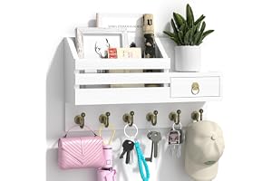 Wooden key rack with shelf, wall-mounted key holder with hooks