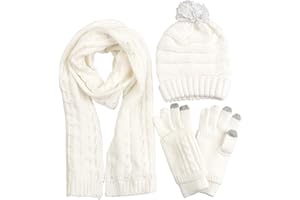 JSHANMEI Scarf Hat Glove Sets Cable Knit Winter Gift Set Pompom Hat Touch Screen Gloves Long Scarf 3pcs Cold Weather Warm Set for Women Girls