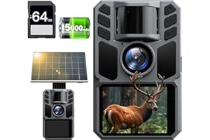 FKPCAM 4K 64MP Wildkamera Solar, Eingebaute 5000mAh Lithium-Batterie, 0.1s Auslöser Bewegungsaktiviert, Wildtierkamera mit Nachtsicht, mit 64GB Speicherkarte, IP67 Wasserdicht 130° Weitwinkel