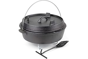 Wiltec Dutch Oven Forno Olandese con Pentola in ghisa 5l sottopentola e solleva coperchio per fuoco campeggio