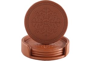 LISRSC Coasters Set of 4 - PU Leather Coasters with Holder - Brown Round Coasters for Drinks - Coffee Table Coasters Pads Mat - Cup Coaster Set Gifts for Home,Bars,Cafes,Party,Office Decor
