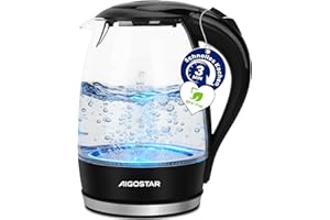 ‎AIGOSTAR Aigostar Adam - Wasserkocher Glas 1,7 Liter, 2200 Watt, LED-Beleuchtung, 100% BPA Frei, Verdicktes Borosilikatglas Wasserkocher mit Kalkfilter, 360° Edelstahl Sockel, Trockenaufschutz, Schwarz