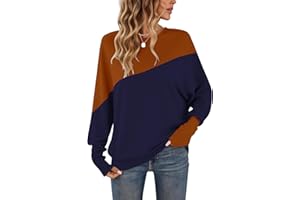 WNEEDU Camisa de Manga Larga para Mujer Cuello Redondo Patchwork Sudadera de Color puños Ajustados Jersey para Mujer