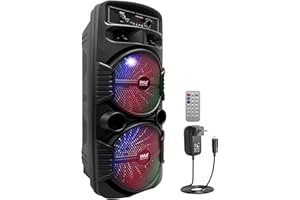Pyle Sistema de Altavoces, PA, 600W, Bluetooth, Portatil, Recargable, Interiores, Exteriores, Subwoofer de 8”, Tweeter de 1”, función de grabación, micrófono, Luces de Fiesta, Radio USB/SD, Negro