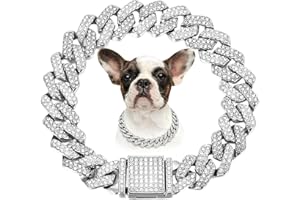 HOTLION Silver Dog Chain, Diamond Cuba Link Dog Collar Metal Dog Necklace Cat Chains Pet Crystal Collars Jewelry for Small Medium Large Dogs Cats, 10-inch