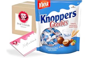 ‎PERE’S CANDY Pere's Candy Bundle für 7 x 180 g Knoppers Goodies knusprige Waffelkugeln gefüllt Milch- und Nougatcreme + Pere's Candy Notepad DIN A7-25 Blatt
