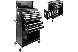 JOMAFA Carro de Taller 10 Compartimentos y 2 modulos | Con Cofre extraíble | Cierre con LLAVE | rodamiento de Bolas | Ruedas con Freno de estacionamiento | Negro