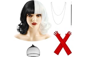 ZECOUK Parrucca Halloween Donna Parrucche Bianca e Nera Wig Donna con Frangetta - Bastone Nero, Guanti, Collana di Perle per Feste di Halloween Cosplay, Abbigliamento Quotidiano(C)