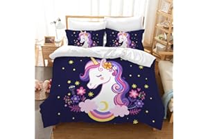 PQCXXA Set Copripiumino con Unicorno 135x200 cm e 2 Federe 50x75 cm,Biancheria Da Letto Per Ragazze Rosa 3D Cartoon Unicorno Set Copripiumino con Cerniera