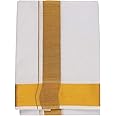 Stylesindia Men's Cotton Dhoti with Gold Zari Border - 3.6 Mtrs White Veshti Mundu with Gold Kasavu (3.6M, White, Big Gold Zari Border)