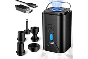 MEAYLL Electric Air Pump for Air Mattress, with LED Camping Lamp & Rechargeable 1200 mAh Battery, 5 Air Nozzles, Quick Fill Pump with Inflation & Vacuum, Ideal for Air Bed, Pool, Swimming Ring & Vacuum Bags