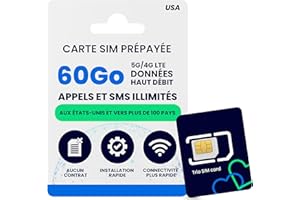 JZN MARKET Carte SIM Prépayée Lycamobile 30 Jours USA avec 60 Go de Données 4G LTE/5G à Haute Vitesse, Appels et Textos Internationaux vers Plus de 100 Pays, Activation Rapide, Carte SIM Mobile US Triple-Coupe