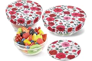 PHOGARY Tapas Reutilizables Ecológicas para Contenedores de Alimentos - 3 Tapas de Tela Ajustables Impermeables para Ensaladera de Vidrio, Tarro, Melones, Borde Elástico, Rosas