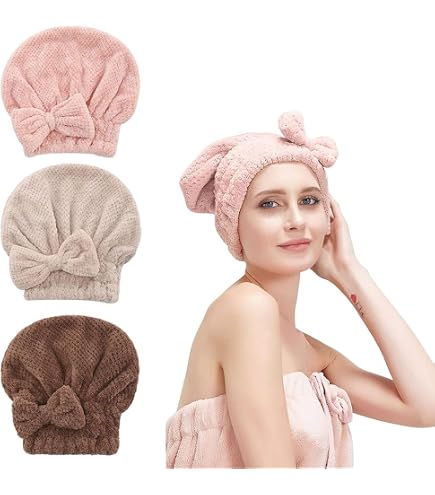 2 Bonnets Serviette Cheveux Microfibre Avec Oreilles De Chat - Séchage Rapide Rose Et Bleu