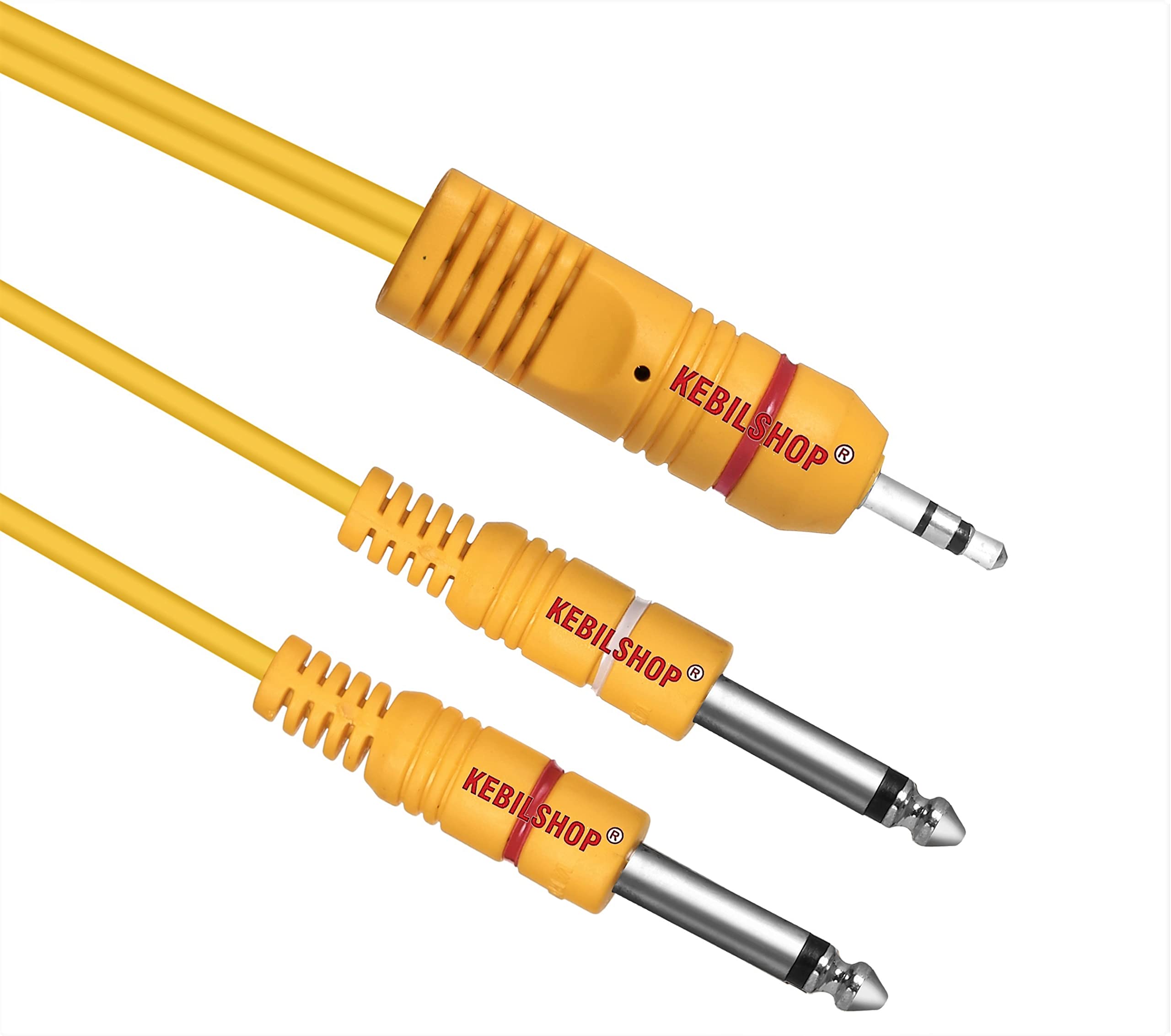 KEBILSHOP Aux 3.5Mm 1/8 Trs Stereo Male To 2/Dual 6.3Mm 1/4 Ts Mono P38 Audio Male Y Splitter Cable For Personal Computer, Laptop, Phone, Multimedia Speakers, Guitar (Yellow, 1.8M/6 Feet)
