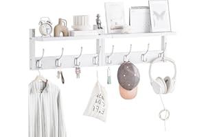 STELLSTAR Paquete de 2 Percheros de Pared, Perchero de Bambú con Estante de Almacenaje, Perchero con 8 Ganchos Dobles, Estante de Pared Flotante para Pasillo Entrada Cocina(Blanco+Plata)