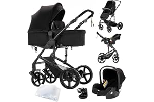 Doraystar Carro Bebe 3 Piezas, Carrito Bebe 3 en 1 con Dos Modos de Empuje Reversibles, Cochecito Bebe 3 Piezas con Capazo Grande Cómodo, Carricoche Bebe 3 Piezas Alto Paisaje (588 Black)