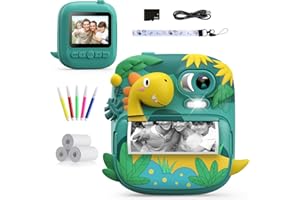 Aparat natychmiastowy z aparatem dziecięcym, aparat cyfrowy CAMCLID 2,4 cala Aparat natychmiastowy z dinozaurem dla dzieci z kartą 32G, prezenty dla chłopców i dziewcząt w wieku 3–12 lat (zielony)